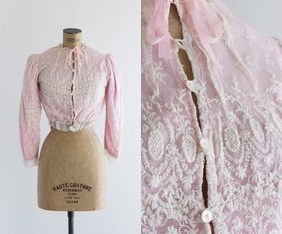 Pink and White Edwardian Blouse - Tambour Lace - L