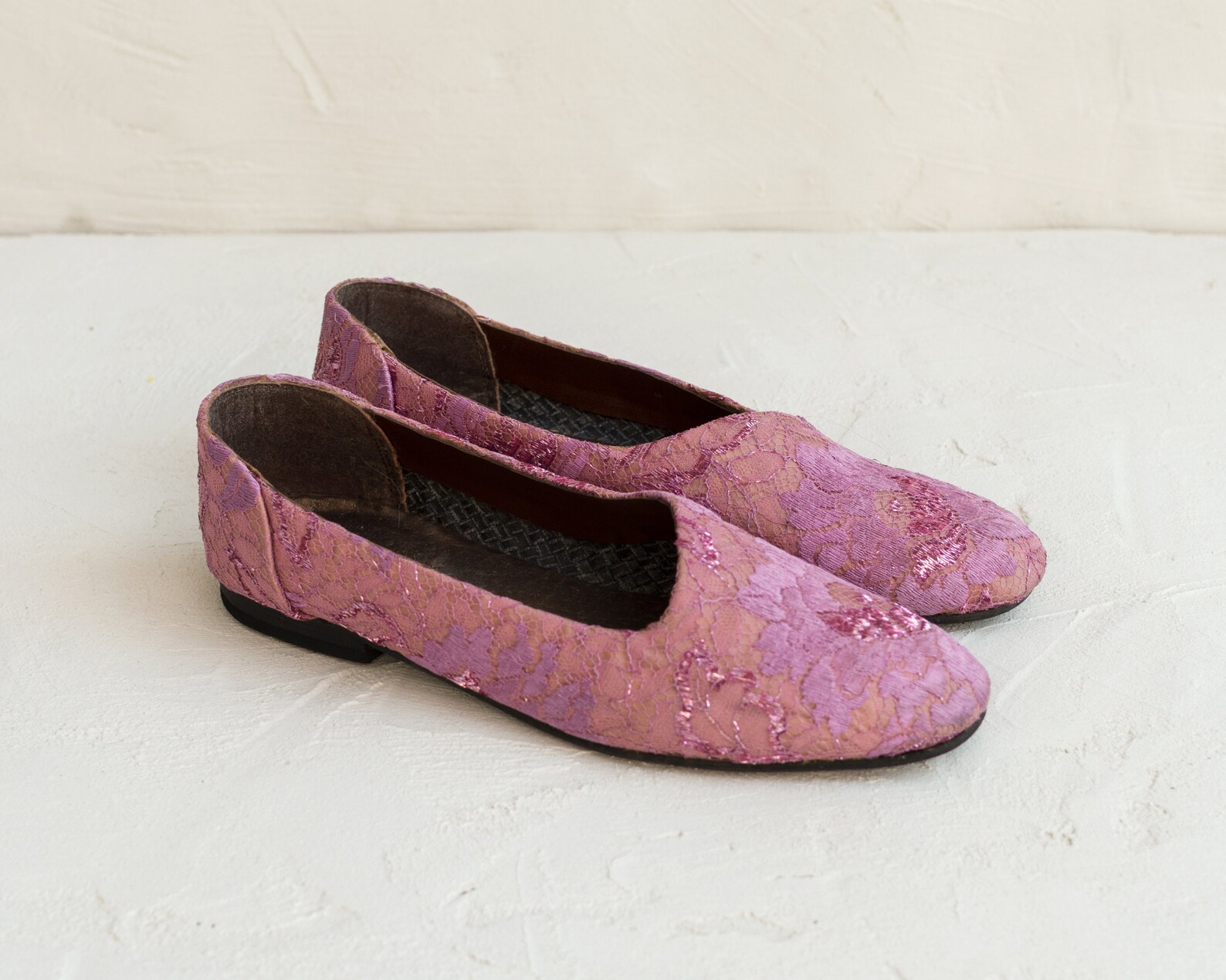 pink and purple lace shoes - vintage 1990s ballet flats - rachel slip ons 35% off
