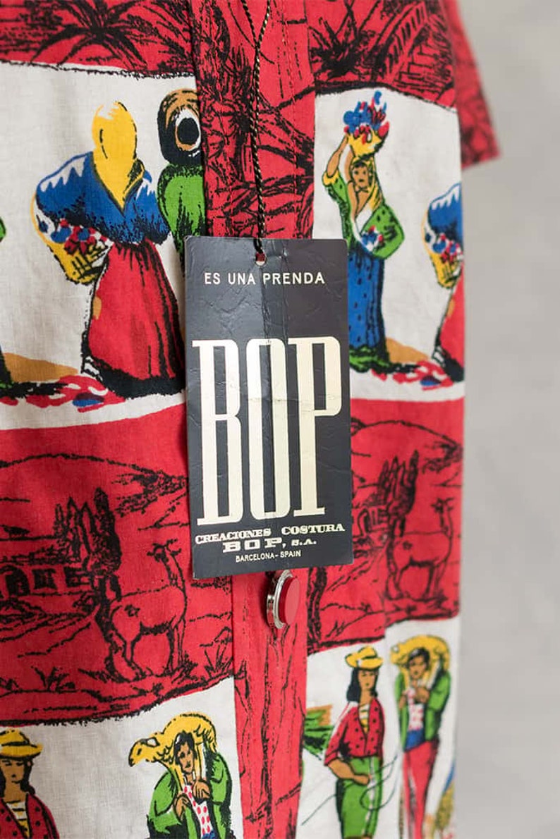 Red Collared Blouse Deadstock Vintage 70s Shirt With Novelty Print El Pueblito Blouse