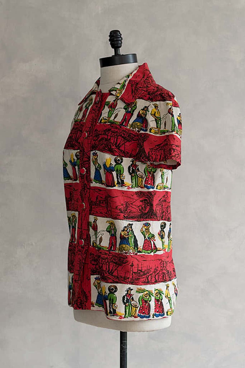 Red Collared Blouse Deadstock Vintage 70s Shirt With Novelty Print El Pueblito Blouse
