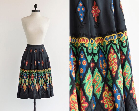 Vintage 1950s Black Flocked Border Print Skirt