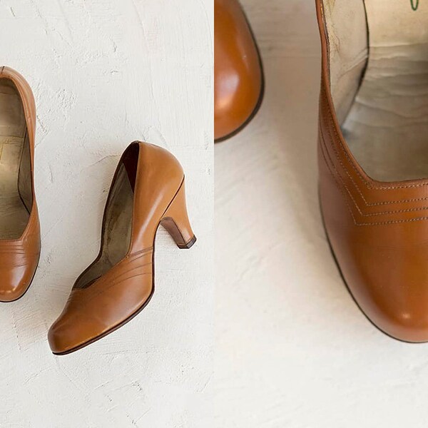 1940s Heels , Brown Vintage Shoes With Round Toe & Wide Feet , Tan Leather 40s Pumps