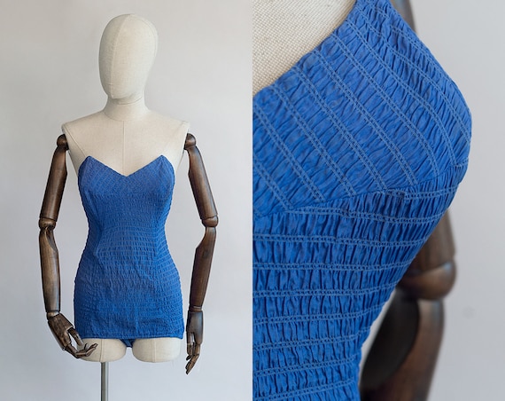 1950s Blue Swimsuit | Vintage Ruched Swimsuit | So