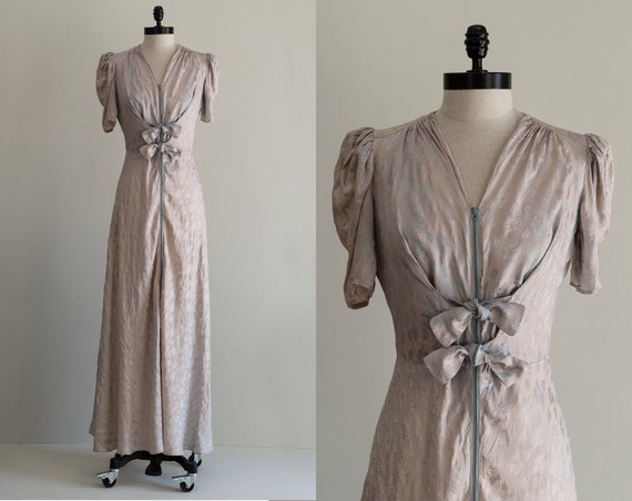 Jacquard 1930s Gown | Zipper Front Dress | Light G
