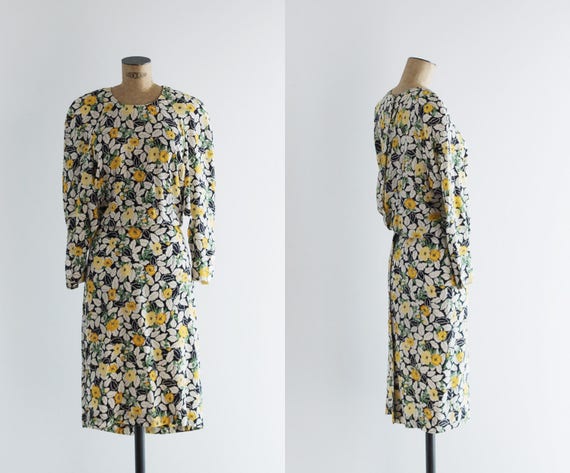 1980s Dress - Vintage 80s Silk Floral Slit Open Ba