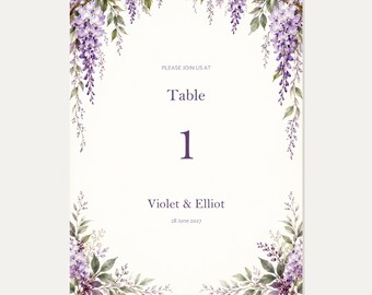 Personalised Wedding Table Number Set, Lavender Wisteria Design, Digital Download