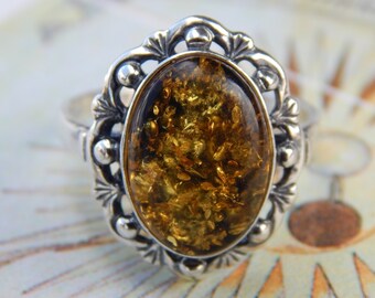 Green Amber Sterling Silver Ring Size 7.5