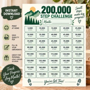 May include: A printable 200,000 step challenge tracker sheet featuring a mountain and forest graphic at the top, a blank line for the month, and a grid of forty boxes labeled in increments of 5,000 steps, with the text You've Got This! at the bottom.