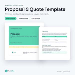 Könnte beinhalten: Eine digitale Angebots- und Kostenvoranschlagsvorlage für Word und Google Docs. Das Dokument enthält eine grüne Kopfzeile mit dem Text Proposal, Office coffee for Harbourline Studios sowie eine Zusammenfassungstabelle mit Service- und Preisdetails.