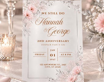 Elegant Floral Anniversary Invitation Template, Blush Pink & Silver Anniversary Dinner Party Invite, Romantic Couple Celebration Invitation