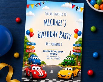 Invitation d'anniversaire garçon sur le thème des courses automobiles : invitation personnalisée, papeterie pour une fête sur le thème des voitures, carte de remerciement, affiche, marque-place.