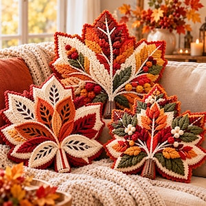 May include: Three decorative throw pillows shaped like maple leaves in shades of red, orange, yellow, and green. Each pillow features intricate crochet textures, raised leaf veins, and small berry-like clusters, arranged on a textured fabric surface.