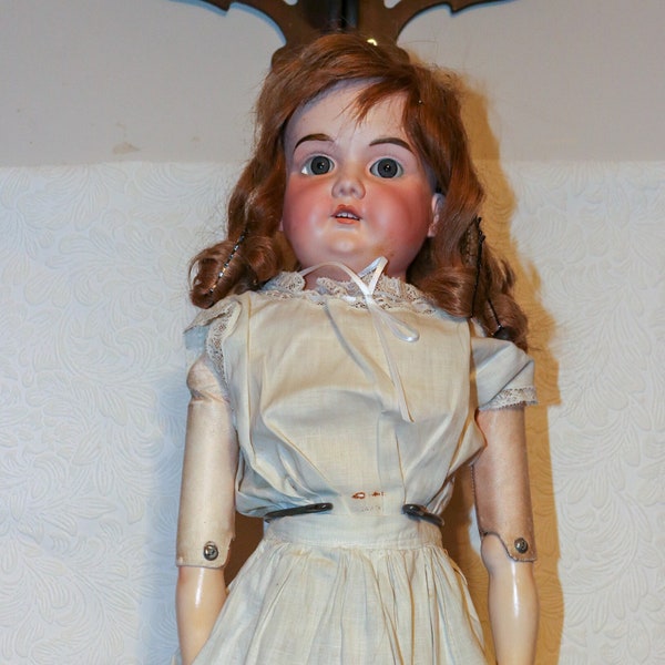 Antique Armand Marseille Porcelain Bisque Doll - Made in Germany - 370 A.M. 9 DEP - Jointed Kid Leather Body - Blue Glass Eyes - 28"