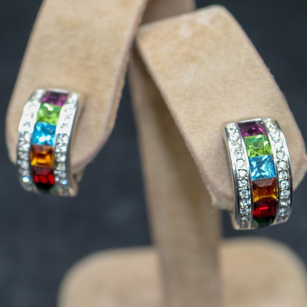 Vintage Multicolor Rhinestone Silvertone Earrings - Unsigned - Clip On Semi Circle Earrings - 1960s