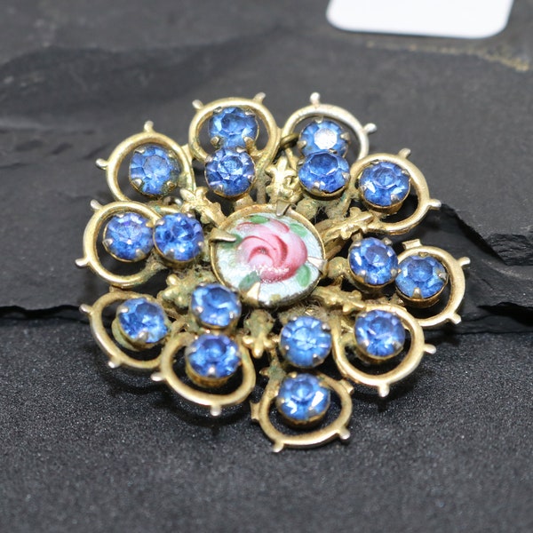 Vintage Guilloche Enamel and Rhinestone Flower Pin Brooch - Unsigned Pin Brooch - Good Condition