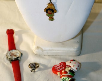 Vintage 1980s Strawberry Shortcake Jewelry Lot: Watch, Necklace, Ring, Pin