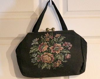 Vintage Black Tapestry Handbag Purse - Kiss Clasp - Outside Zippered Pocket