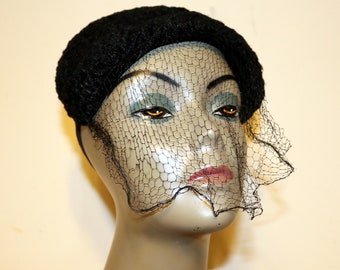 1940s/50s Black Persian Lamb Veiled Hat  - Unmarked - Good Condition - Veil Does Have Breaks