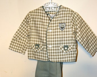 Traje de algodón para niño de los años 50: Jack and Jill Togs, verde y gris, talla mediana