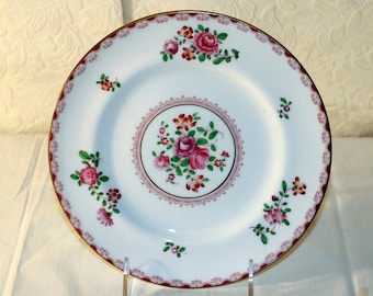 Set of 6 Crown Staffordshire English China Salad Plate - Pattern A5782 - Made in England - Pink Edge & Flowers, Green Leaves