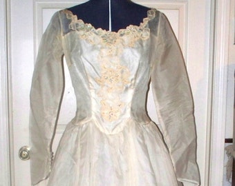 1950s Ivory Wedding Gown - Wedding Dress - Handmade - Train - Very Sheer