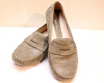 Van Eli Green/Gray Leather Penny Loafer Flats - Suede Leather - Gentle Wear - Made in Ethopia - Styled in Italy - Size 7D