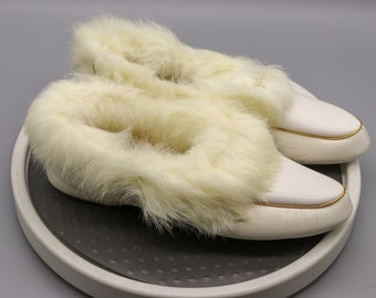 Vintage 1960s Palizzio White Vinyl Slippers with Rabbit Fur Trim Collar - Original Box - Size 8