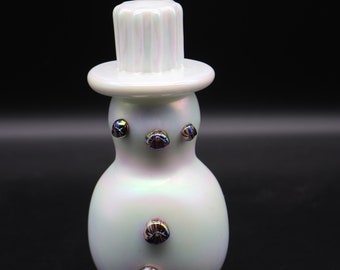 vintage Gibson Hand Blown Iridescent White Art Glass Snowman - Iridescent Purple Glass Eyes Nose Buttons