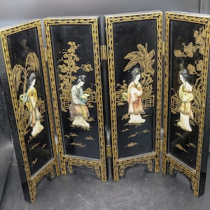 Black Lacquer Folding Screen Hand Painted Limestone Geisha - 14&quot; High - Gold Floral Painted Back - Tabletop Folding Screen