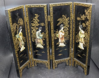 Black Lacquer Folding Screen Hand Painted Limestone Geisha - 14" High - Gold Floral Painted Back - Tabletop Folding Screen