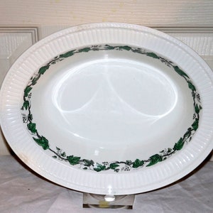 Wedgwood Edme  - &quot;Stratford&quot; - Oval Vegetable Bowl - White Background - Green Grey Ivy - Made in England