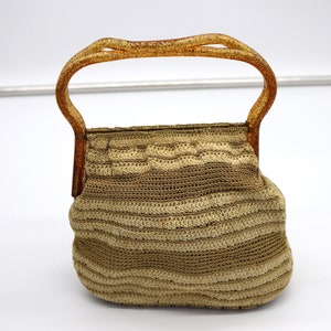 Vintage 1950s Crochet Handbag: Confetti Lucite Handle, Tortoise Bottom