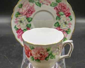 Vintage Crown Staffordshire Triple Rose Teacup and Saucer - Fine Bone China