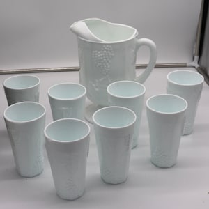 Vintage kolonie / Indiana glas &quot;Harvest Grape&quot; 9-delige drank set - mint in originele doos - melkglas set - kruik set - drinkglazen