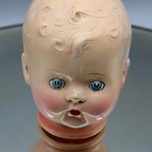 Vintage Hard Plastic Baby Doll Head - Unmarked - Blue Tin Sleep Eyes - Molded Hair - Part or Repair