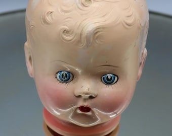 Vintage Composition Baby Doll Head - Unmarked - Blue Tin
