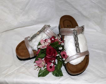 Naot Rhinestone Leather Sandals - Silver Brown Slides - Size 5