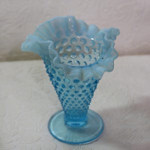 Vintage Fenton Blue Opalescent Ruffled Hobnail Medium Vase - Hard to Find - Excellent Condition - No Label