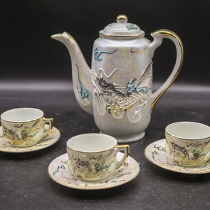 Antique Japanese &quot;Dragon Ware&quot; Demitasse Tea Set - Tea Pot 3 Cups & Saucers - 1893