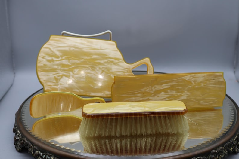 Pyralin Box 1920s Maize Pearl on Amber Pyralin Celluloid Dresser Set: Hand Mirror ...