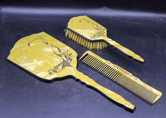 Vintage DuPont Lucite Vanity Set Mirror Brush Comb Floral Art Deco Boudoir Vintage Dupont Lucite Vanity Set: Mirror, Brush & Comb - Etsy main image 2