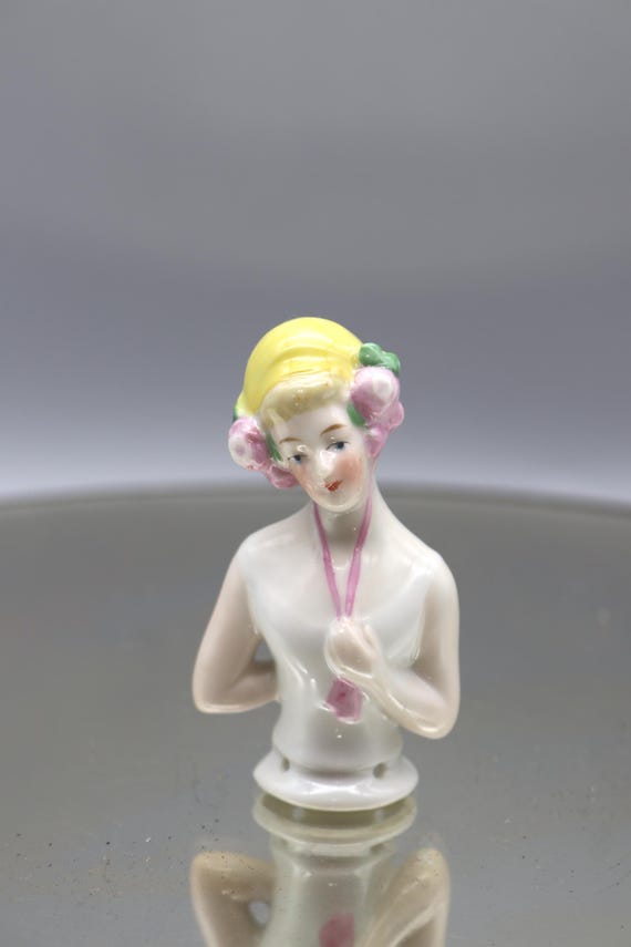 1940's Porcelain Half Pin Cushion Doll: 3-1/4 inches tall - Unmarked