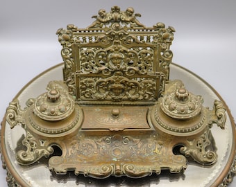 Vintage Victorian Brass Angel Letter Holder with Double Inkwell Desk Set - Stamp Holder - Pen Rest - Glass Inkwell Insert