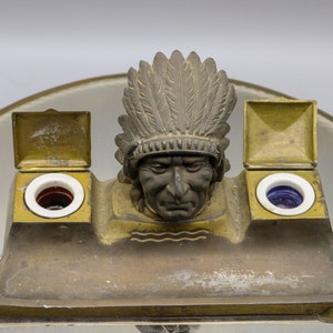 Vintage Brass Indian Native American Chief Double Inkwell Desk Set ...