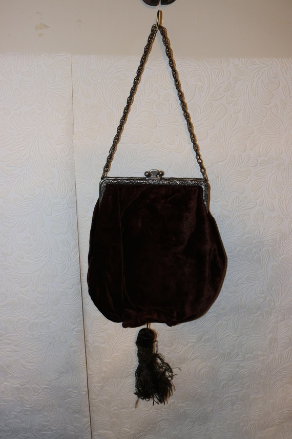 Antique Edwardian Silver Rousse Brown Velvet Purse