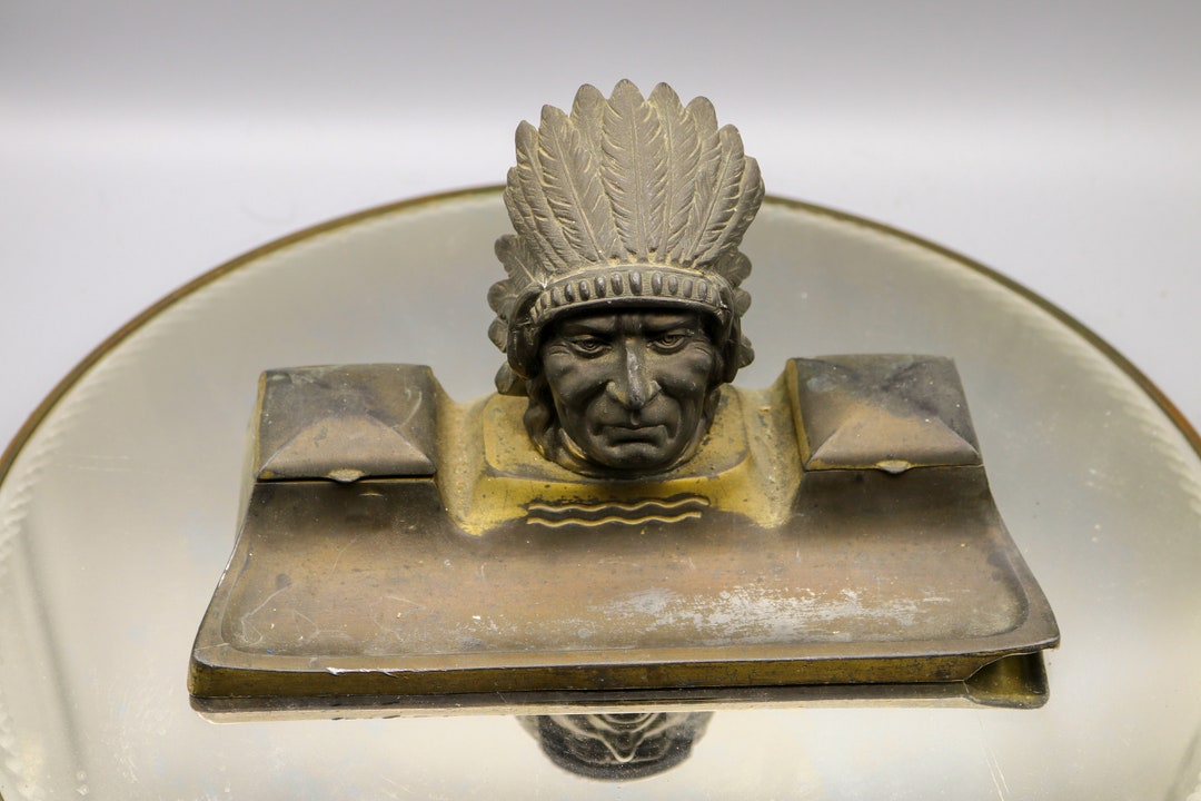 Vintage Brass Indian Native American Chief Double Inkwell Desk Set ...