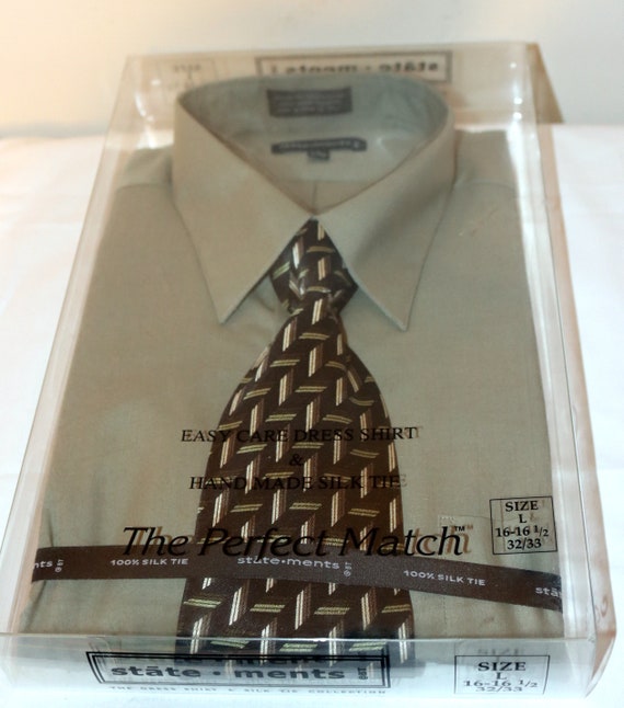 1990s Olive Green Shirt & Silk Tie Set - Size Lar… - image 1