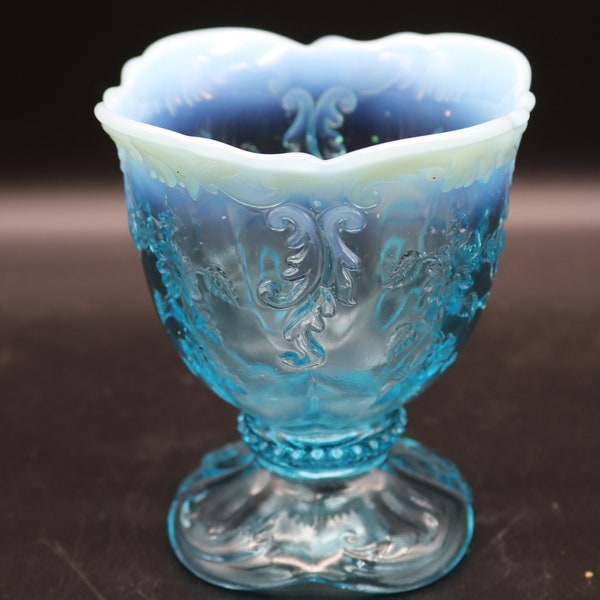 Northwood Opalescent Intaglio Blue "Flower and Leaf" Footed Creamer/Vase Circa 1906