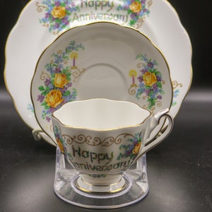 Queen Anne Fine Bone China &quot;Happy Anniversary&quot; Cup & Saucer Trio - Yellow roses and Candles - Gold Gilt Teacup - Made in England