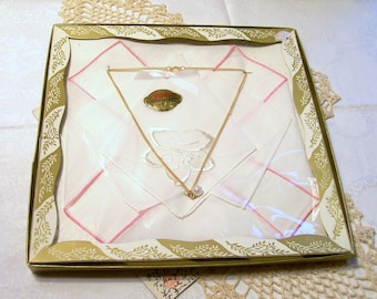 Swiss Handkerchiefs - 2 Hankies - 1 Faux Pearl Necklace - Original Box Set - Bridesmade Gift